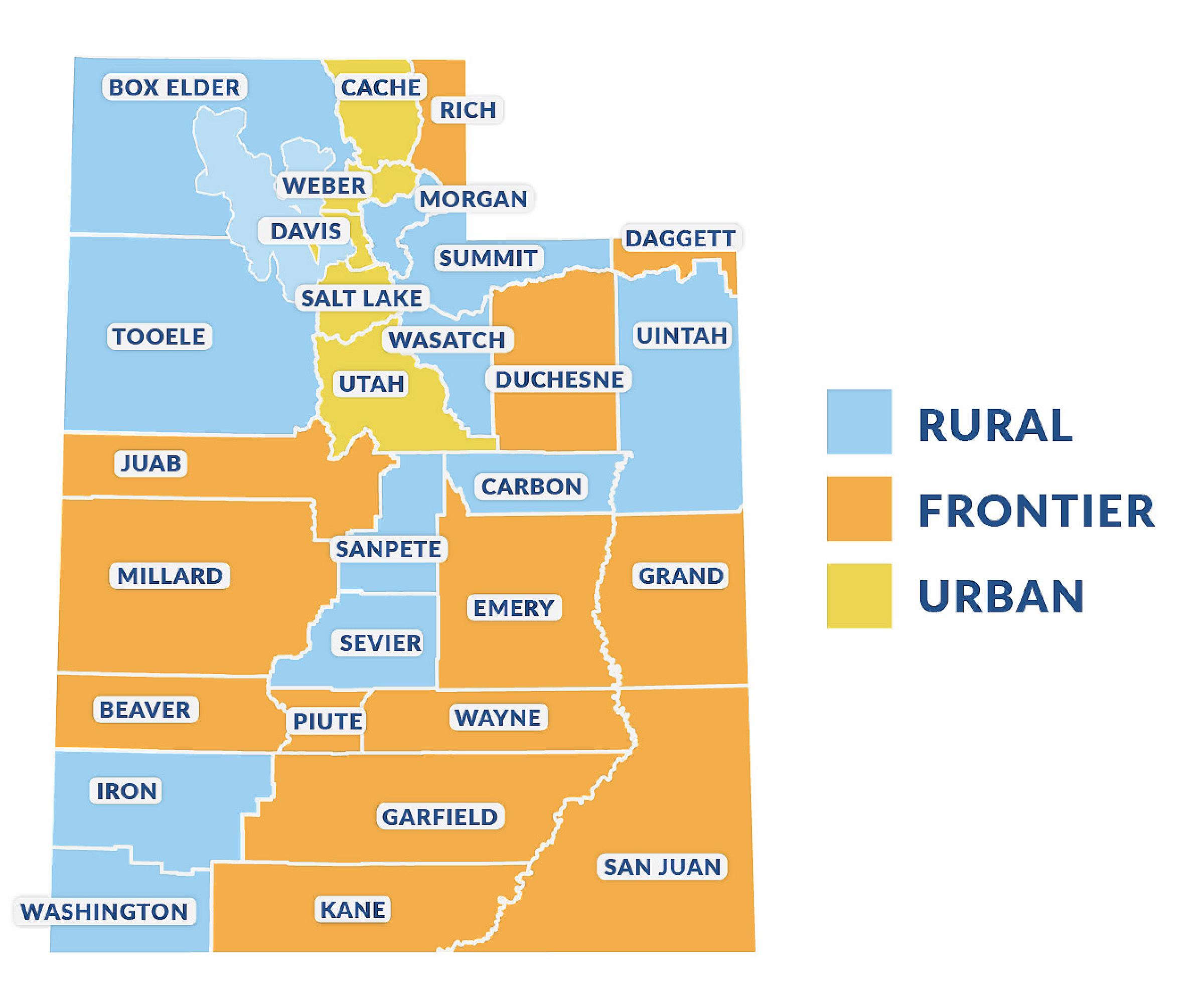 Map showing rural, frontier, and urban areas of Utah. Rural counties: Box Elder, Carbon, Duchesne, Iron, Morgan, Sanpete, Sevier, Summit, Tooele, Uintah, Washington, Wasatch. Frontier counties: Beaver, Daggett, Emery, Garfield, Grand, Juab, Kane, Millard, Piute, Rich, San Juan, Wayne. Urban counties: Cache, Davis, Salt Lake, Utah, Weber.