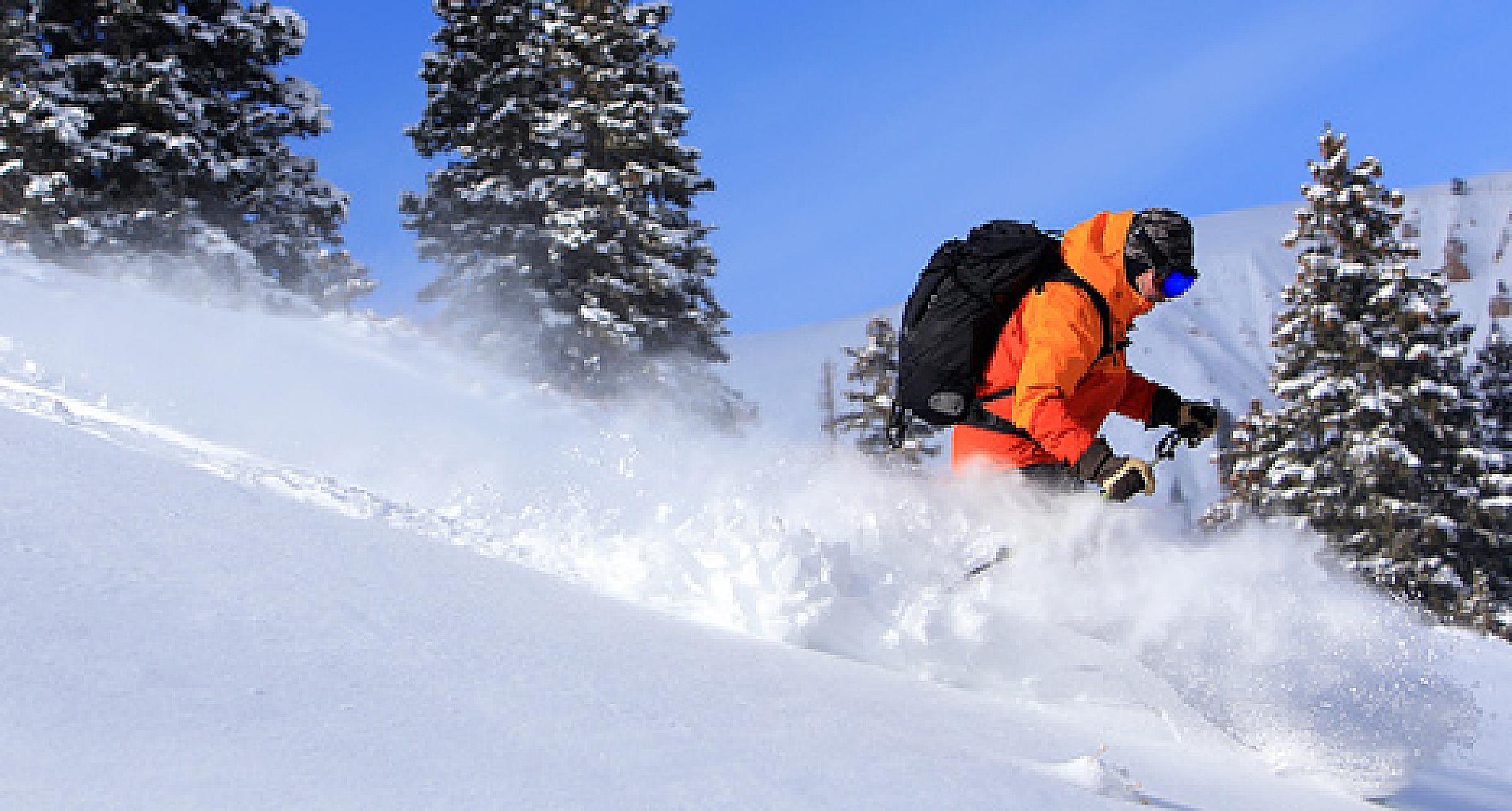 skiier in orange coat going down a slope
