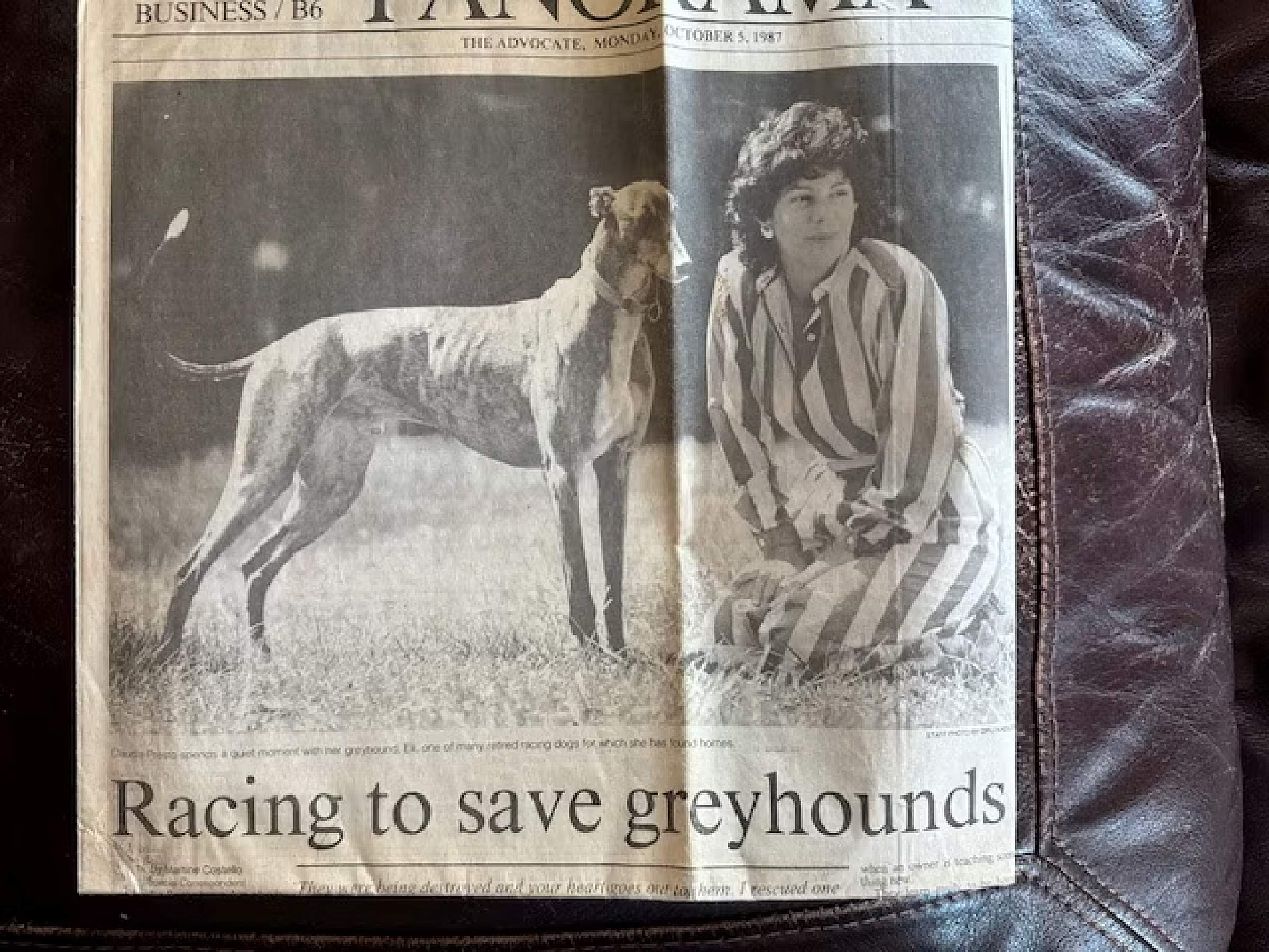 Newspaper clipping of an article about Claudia Presto titled, "Racing to save greyhounds"