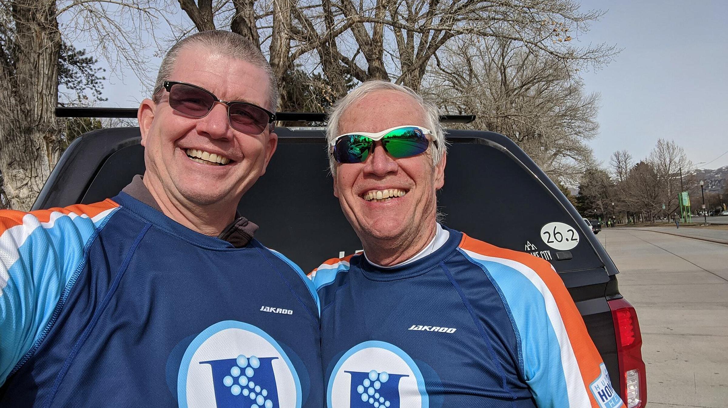 Tim with Ed Brunisholz at Sugar House park getting ready for a training run with the Huntsman Heroes
