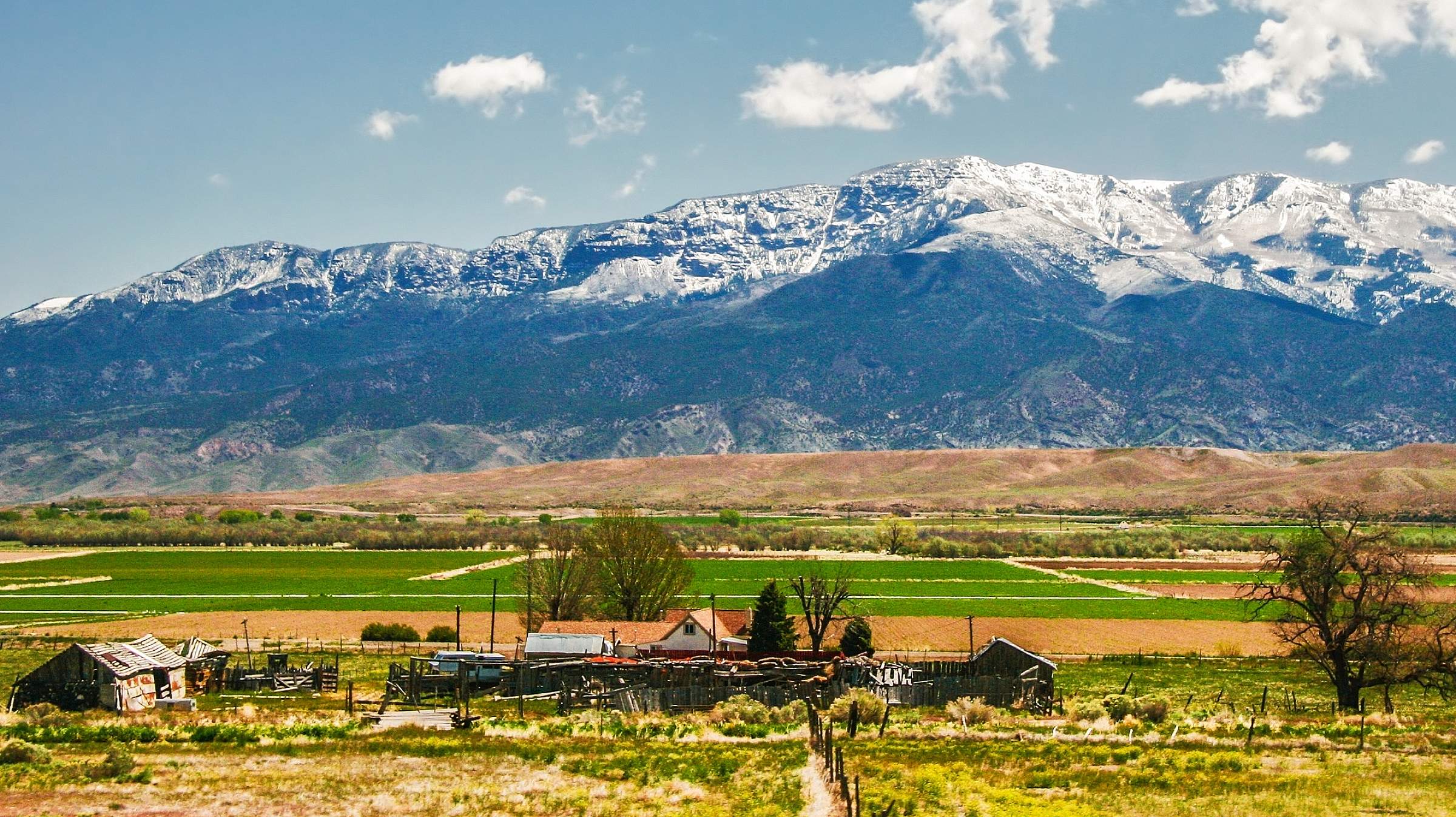 Small group of houses in the middle of a large field with mountains in the distances