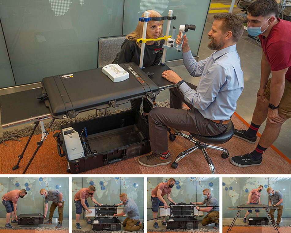 The eye-exam table design includes a 3D-printed head support, top, and, from left to right bottom, a portable case that converts to a table with slide-out extensions on both sides to create a larger workspace. The team used collapsible trekking poles as table legs, allowing users to adjust the table height.