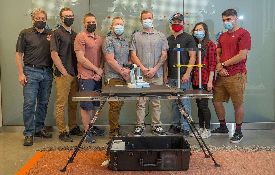 From left, Mechanical Engineering Professor Kenneth d’Entremont, PhD, PE, and student team members Matt Mattucci, Jamie Hughes, Brock McCloy, Adam Ervin, Aaron Killpack, Jamie Law, and Zack Roberts. 