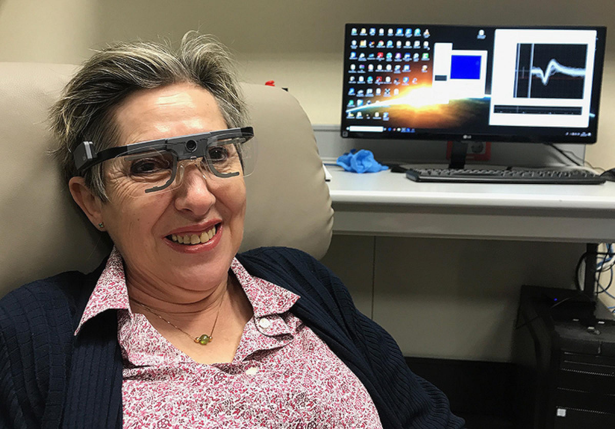 Berna Gómez of Elche, Spain, wears eyeglasses equipped with a miniature video camera that are part of the Moran|Cortivis Prosthesis.