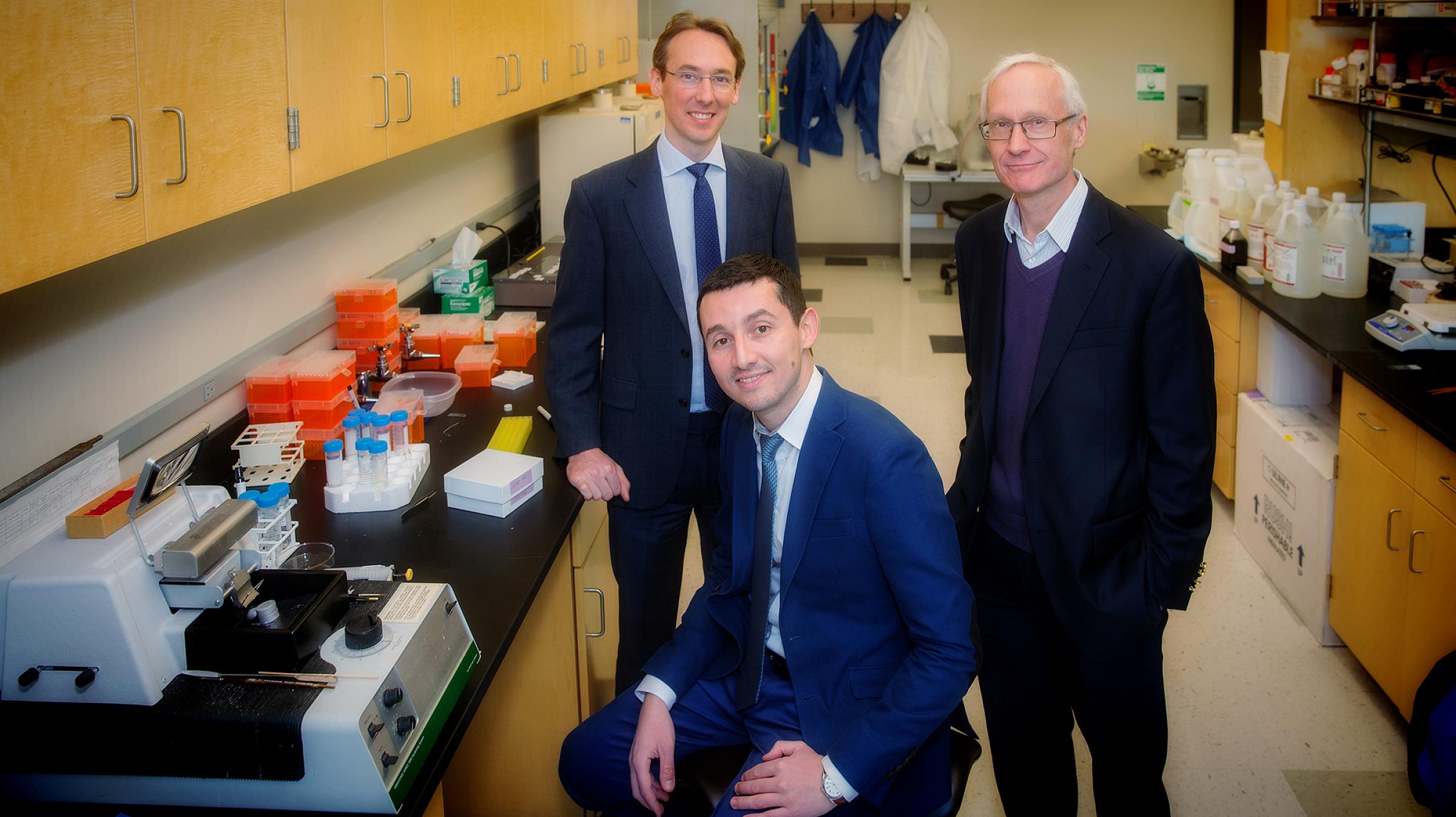 New members of the SCTM team include, from left, Tiarnan Keenan, MD, PhD; Moussa Zouache, PhD; and Philip Luthert, MBBS, FRCP, FRCPath, FRCOphth.