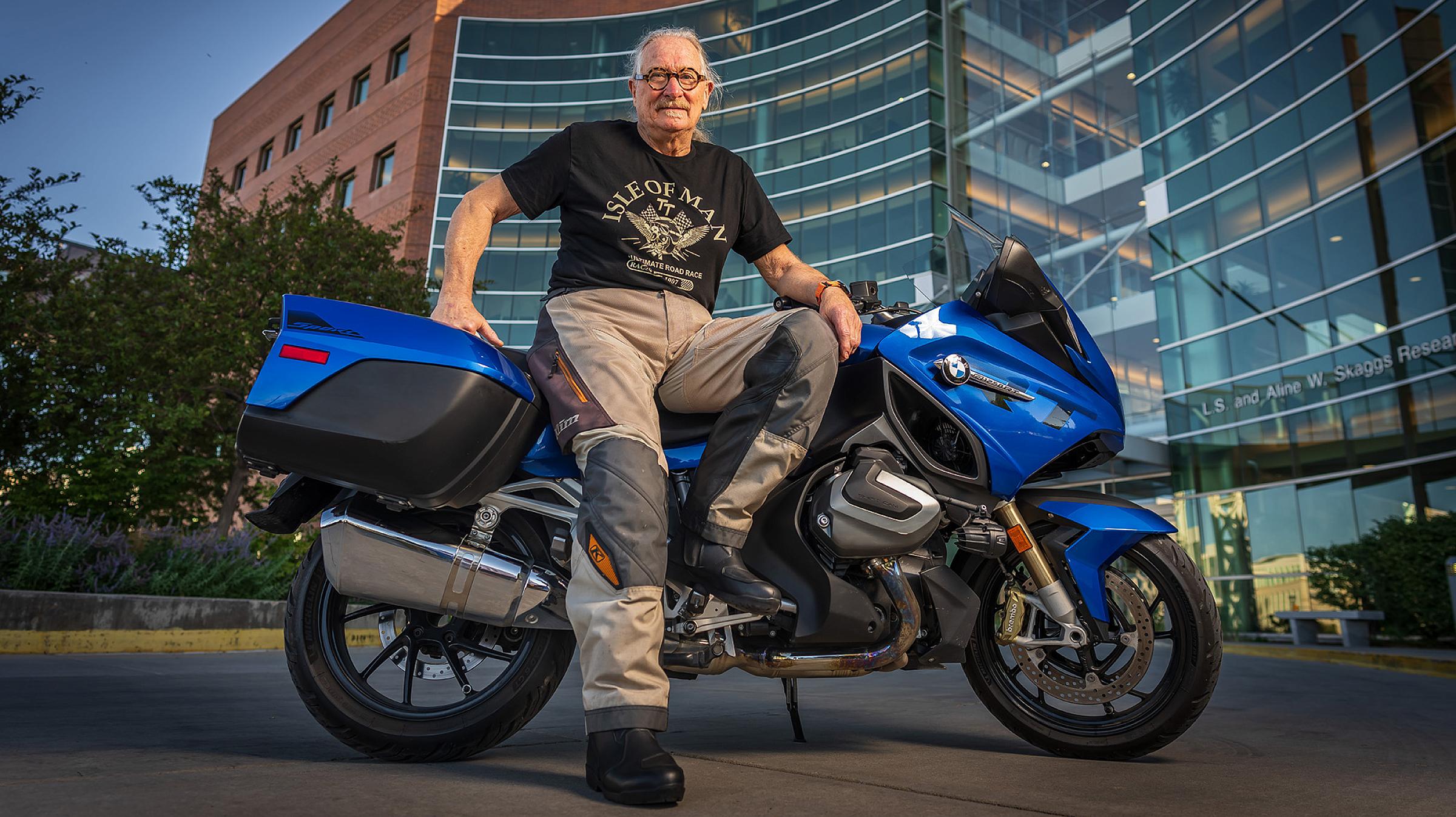 Eye Stroke patient on his motorcycle.