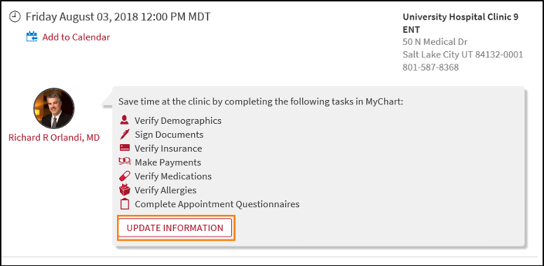 Image showing the screen after sign in for MyChart