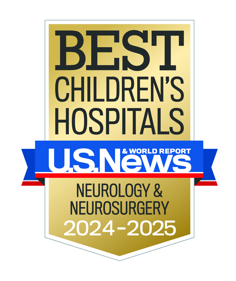 U.S. News & World Report gold emblem badge that says Best Children's Hospitals for Neurology and Neurosurgery in 2024-2025 