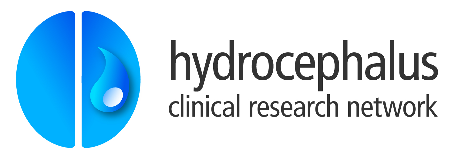 Blue circle with a white line down the middle and tear drop in the right half of the circle that says Hydrocephalus Clinical Research Network