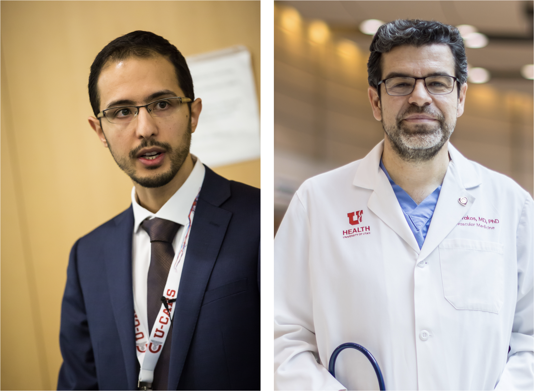 Left: Iosif Taleb, wearing a dark suit. Right: Stavros Drakos, wearing a lab coat. Both people have dark hair, short beards, and are wearing glasses.