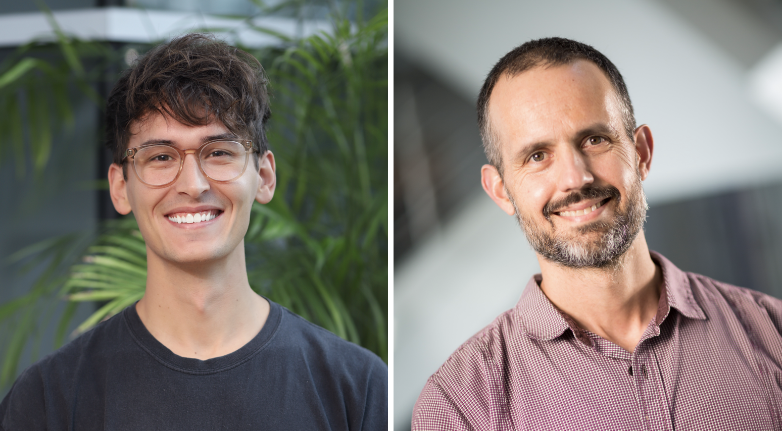 Panel of two profile photos of people smiling at the camera. The person on the left has glasses and the person on the right has a beard.