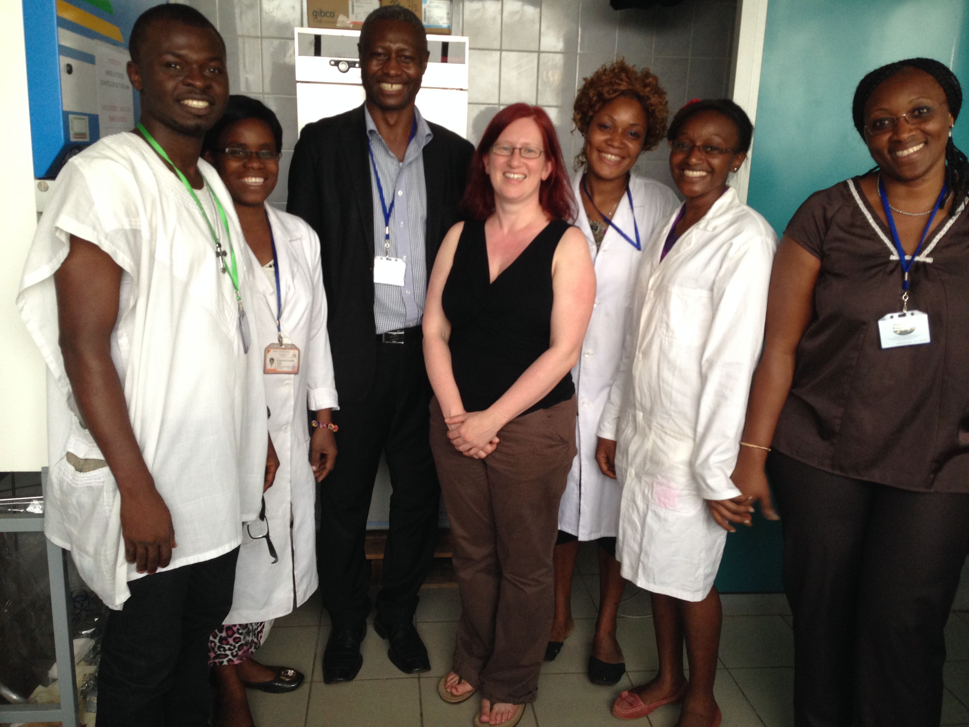 Tracey Lamb, Ph.D. with Lawrence Ayong, Ph.D. and team at Centre Pasteur du Cameroun in Yaoundeé, Cameroon.