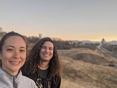 Portrait of Cindy Spangler and another person on a hike