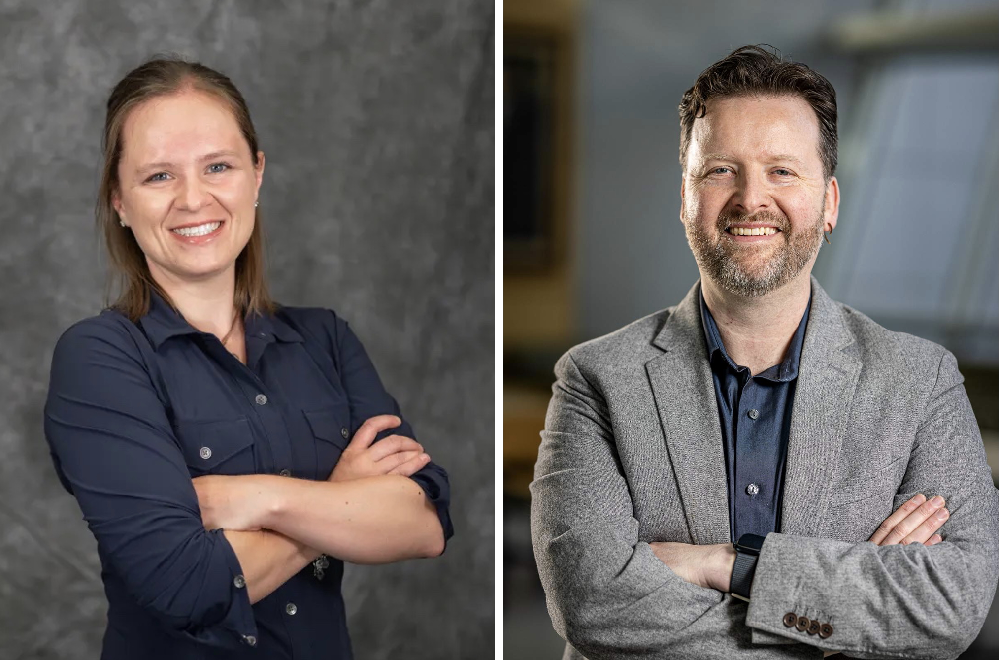 Panel of two profile photos. Both people, coincidentally, are wearing dark blue collared shirts.