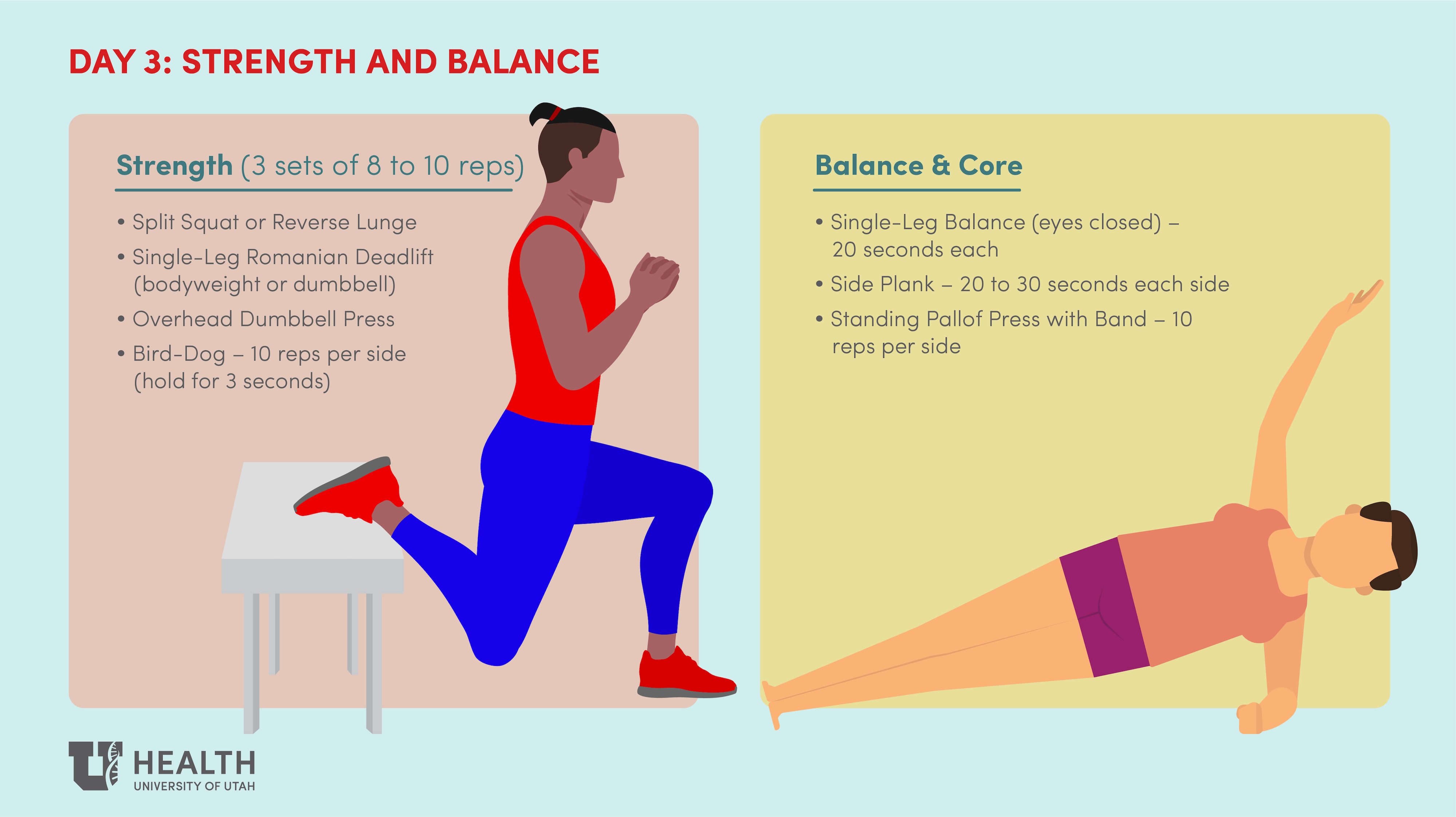 Day 3 includes strength and balance exercises