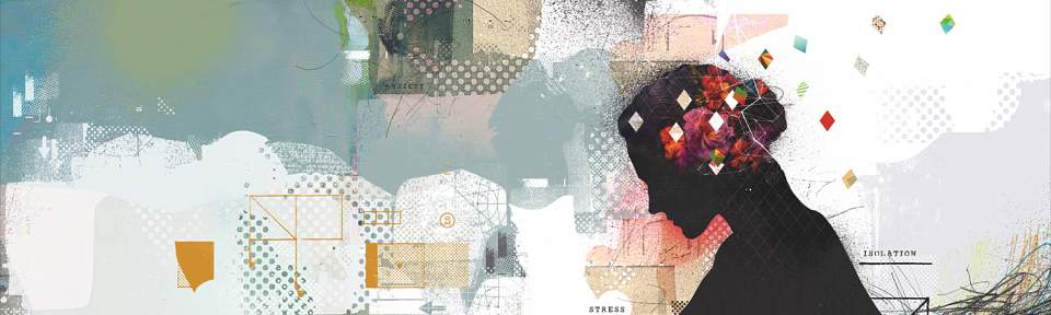 Digital art of a pregnant person's silhouette with flowers overlaying the head. The background is an abstract chaos of shapes containing the words "isolation", "depression", "stress", and "sleep deprivation."