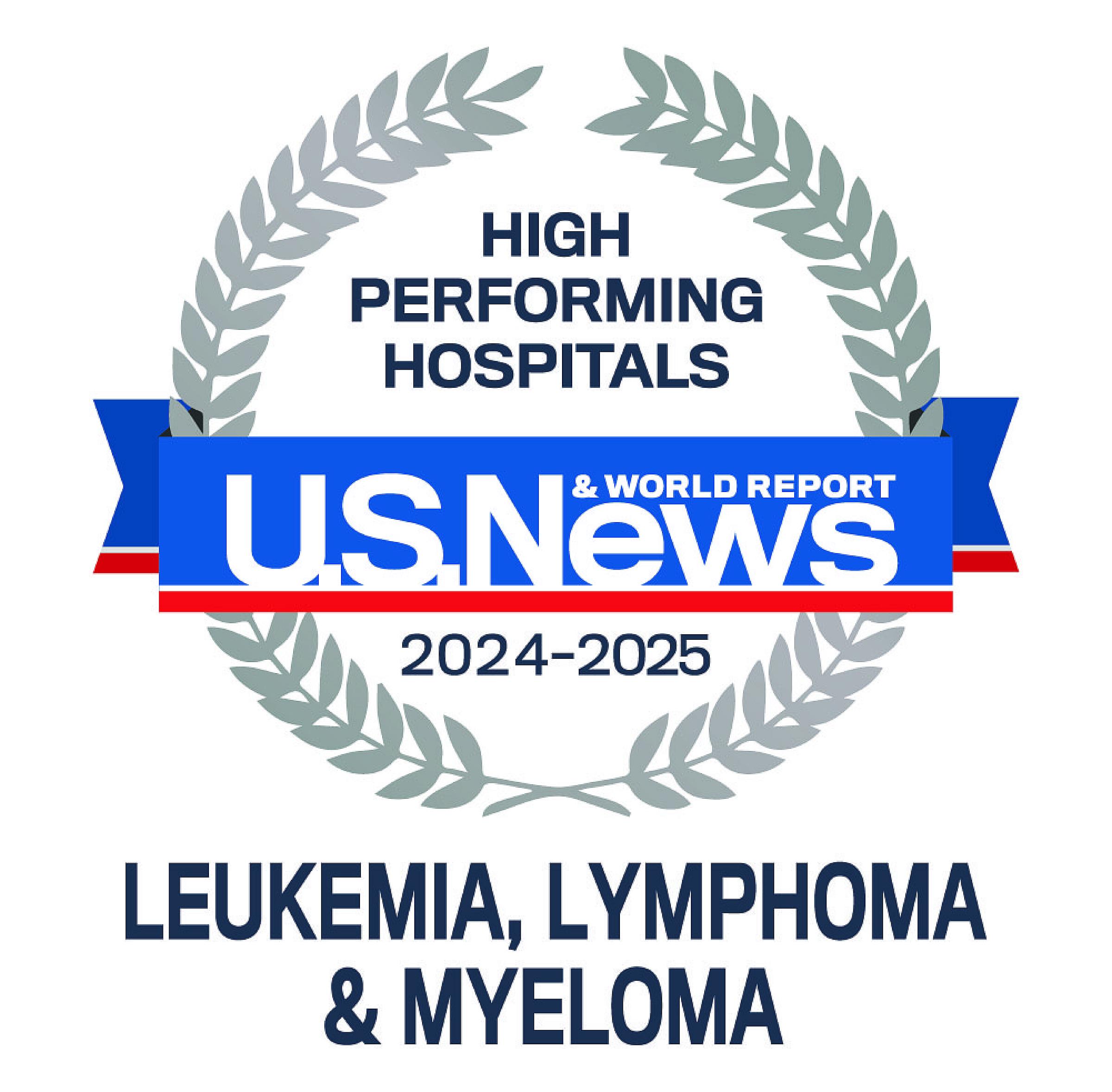 U.S. News & World Report badge for high performing hospitals in leukemia, lymphoma, & myeloma for 2025-2026
