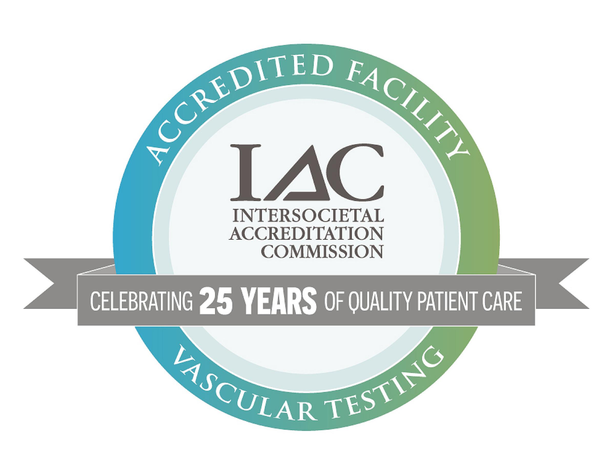 Round blue and green seal that says Accredited Facility Vascular Testing Intersocietal Accreditation Commission