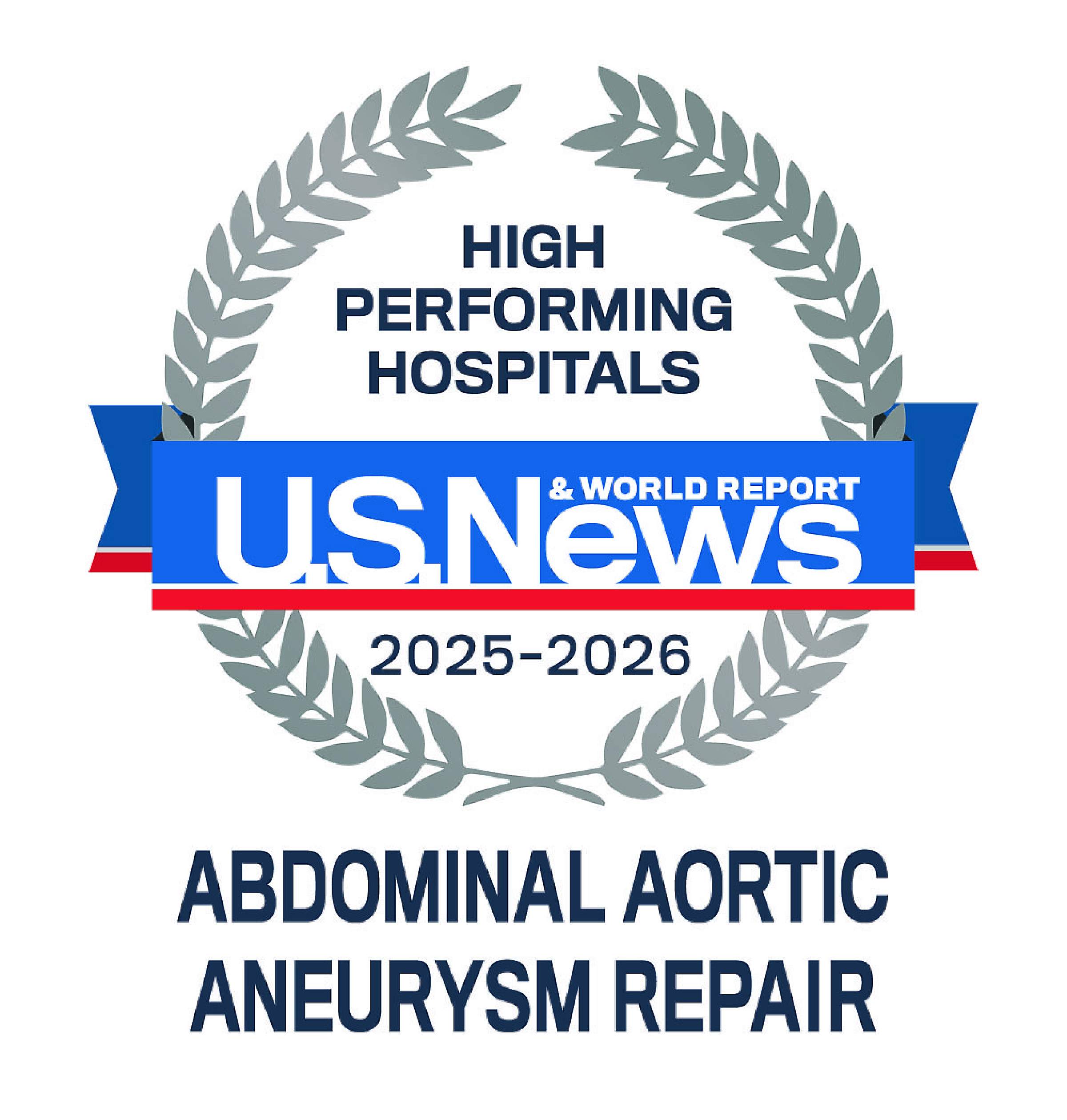 U.S. News & World Report badge for for high performing hospitals in abdominal aortic aneurysm repair for 2025-2026