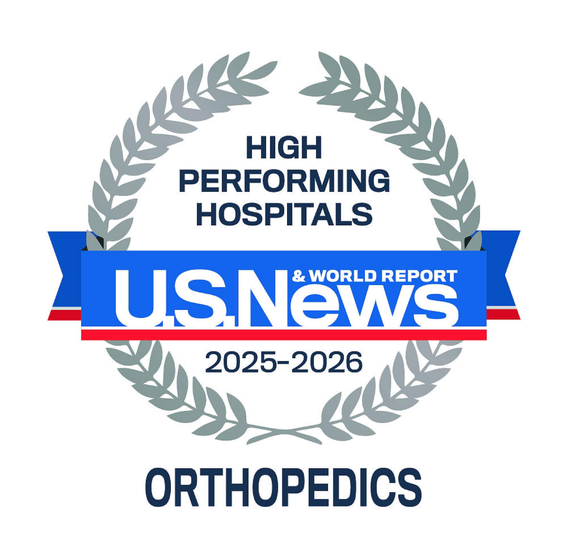 U.S. News & World Report badge for high performing hospitals in orthopedics for 2025-2026