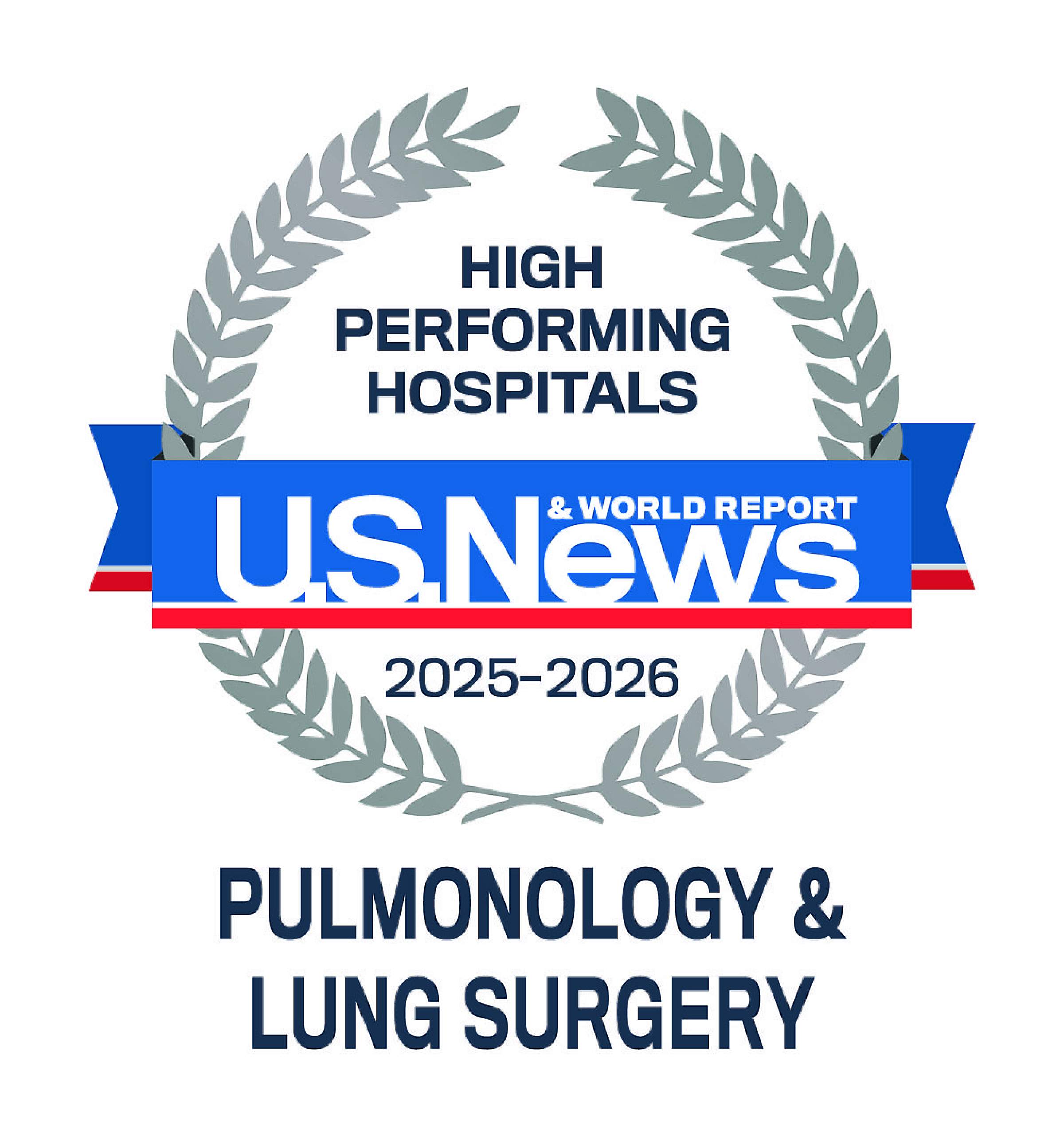 U.S. News & World Report badge for high performing hospitals in pulmonology and lung surgery for 2025-2026