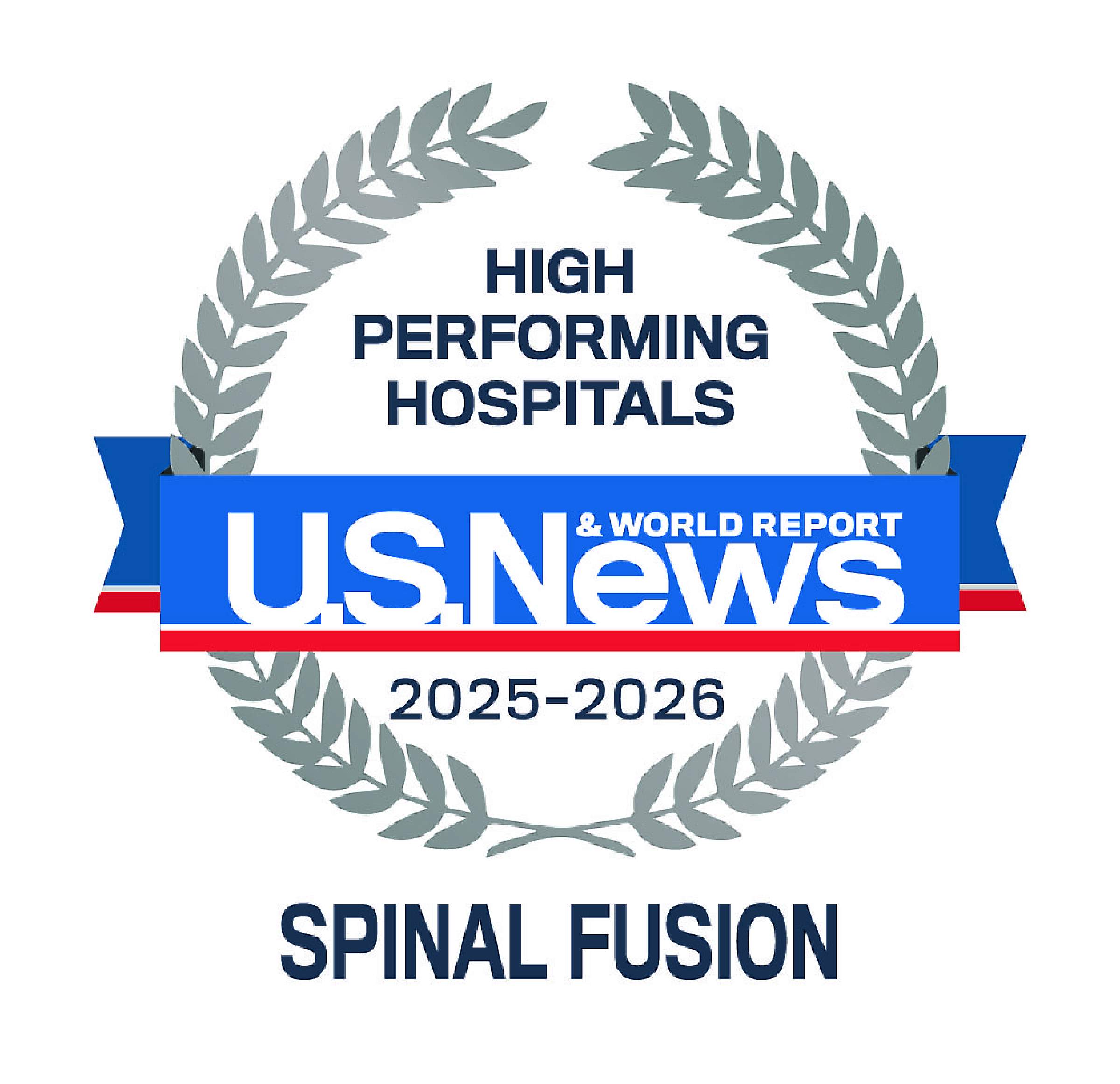 U.S. News & World Report badge for high performing hospitals in spinal fusion for 2025-2026