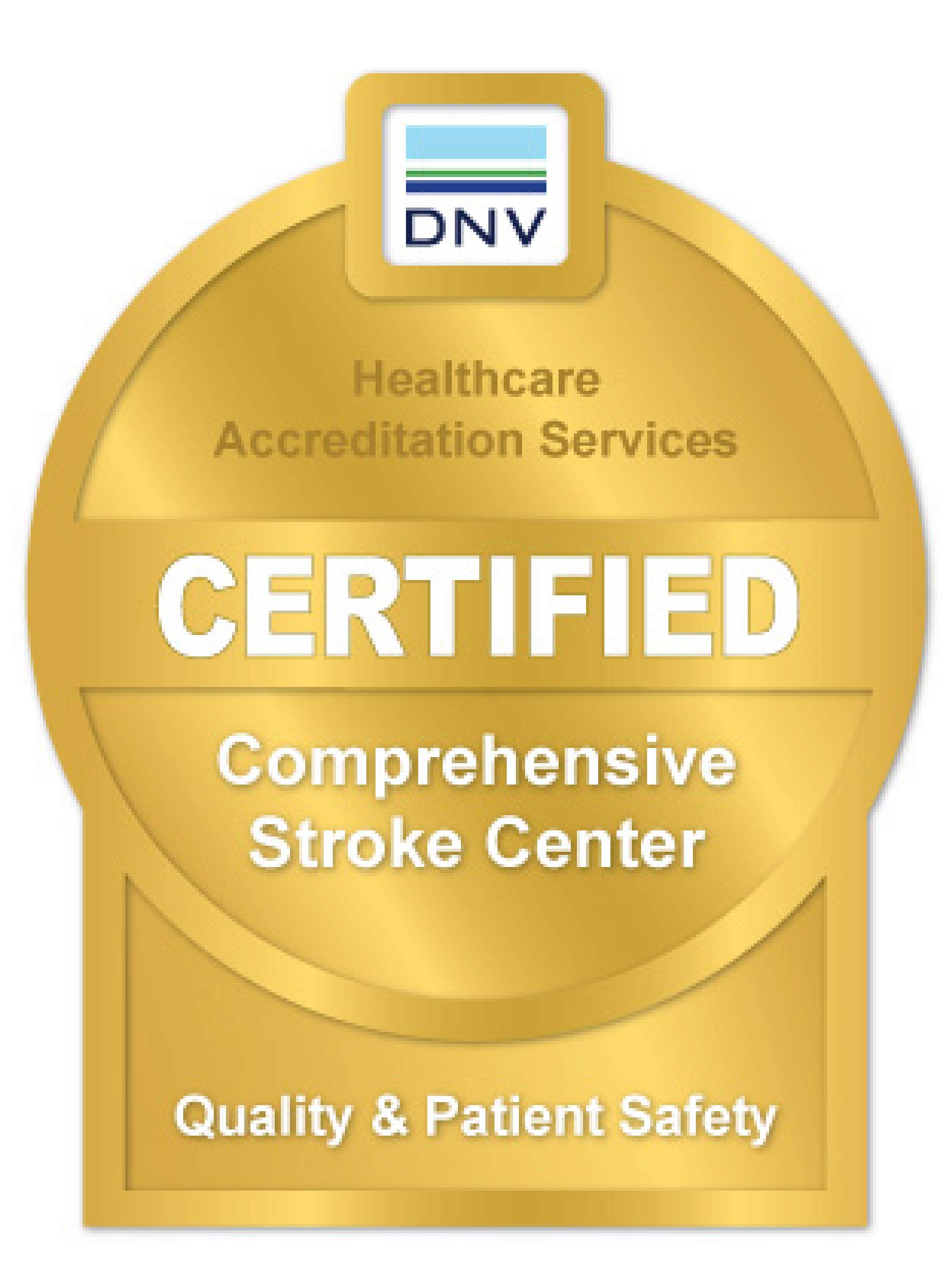 Gold emblem that says DNV Healthcare Accreditation Services Certified Comprehensive Stroke Center for Quality & Patient Safety
