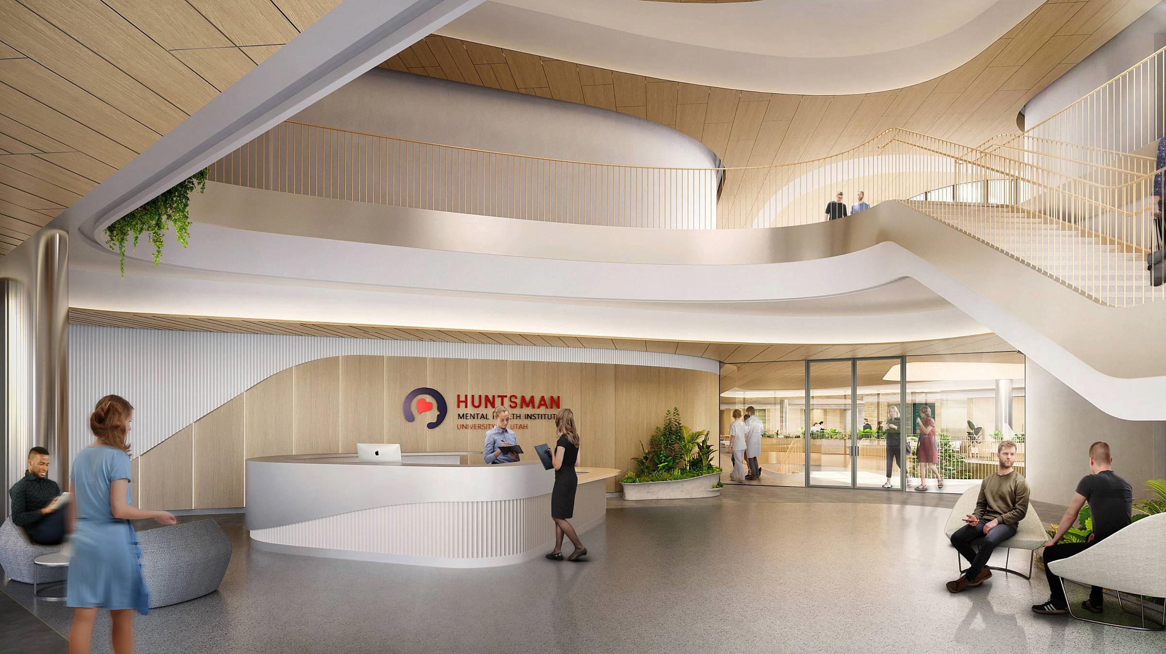 Rendering of interior lobby of the Translational Research Building at Huntsman Mental Health Institute