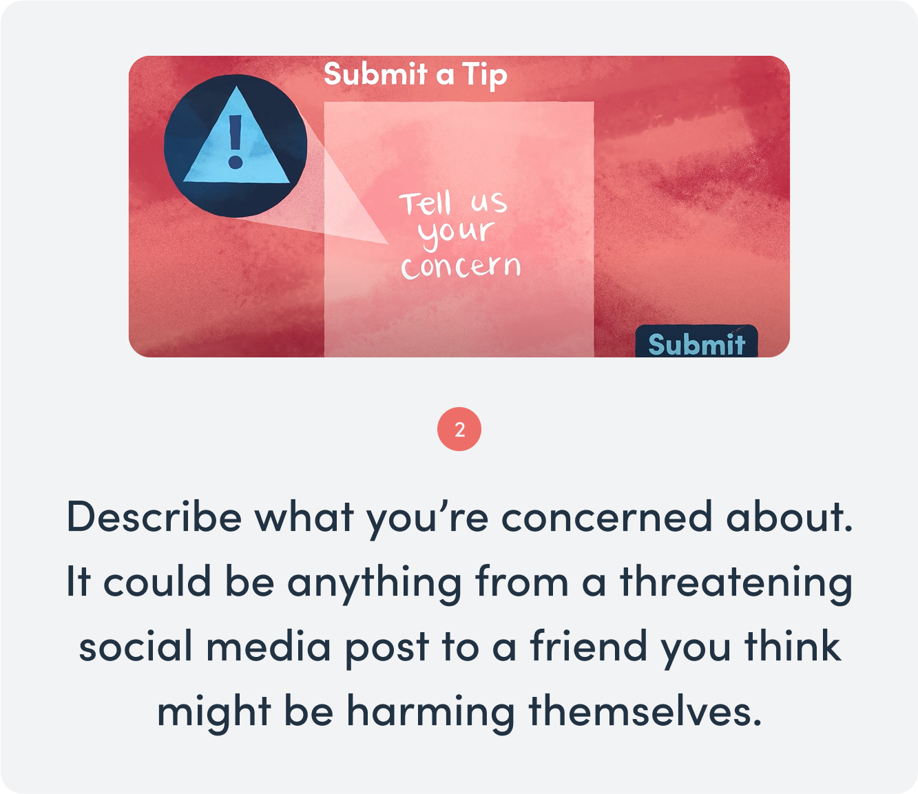 Tip 2: Describe what you or your student is concerned about. It could be anything from a student being bullied to a threatening social media post.